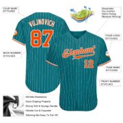 Men's Custom Aqua White Pinstripe Orange-White Authentic Baseball Jersey - Image 4