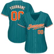 Men's Custom Aqua White Pinstripe Orange-White Authentic Baseball Jersey - Image 5